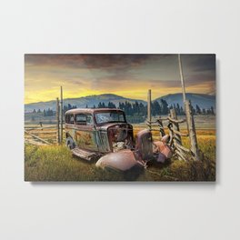 Abandoned Auto with Wood Fence in Western Landscape Metal Print