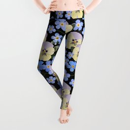 Pansy and Forget Me Not Flowers Spring Garden Leggings
