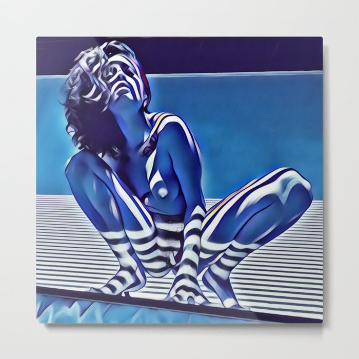 9118s-KMA_5209 Blue Nude Striped Figure Looking Down Abstract Fine Art Nude Metal Print