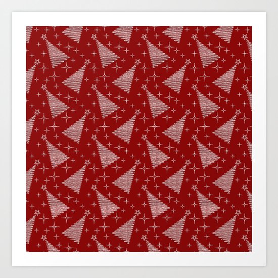 Merry Christmas- Abstract christmas tree pattern on festive red Art Print