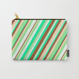 [ Thumbnail: Eye-catching Green, Sienna, Tan, Light Green, and Mint Cream Colored Striped/Lined Pattern Carry-All Pouch ]