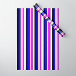[ Thumbnail: Colorful Light Grey, Blue, Black, Beige, and Fuchsia Colored Stripes Pattern Wrapping Paper ]