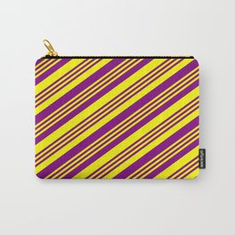 [ Thumbnail: Purple and Yellow Colored Lined Pattern Carry-All Pouch ]