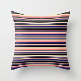 [ Thumbnail: Vibrant Beige, Light Coral, Midnight Blue, Dim Gray, and Black Colored Pattern of Stripes Throw Pillow ]