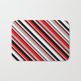 [ Thumbnail: Red, Dark Grey, Light Cyan, and Black Colored Striped Pattern Bath Mat ]