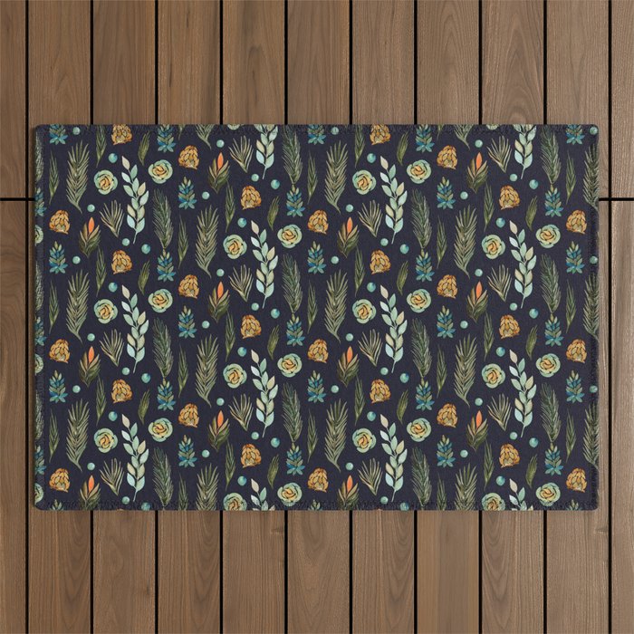 Plants Pattern Branches Leaves Green Navy Floral Watercolor Outdoor Rug