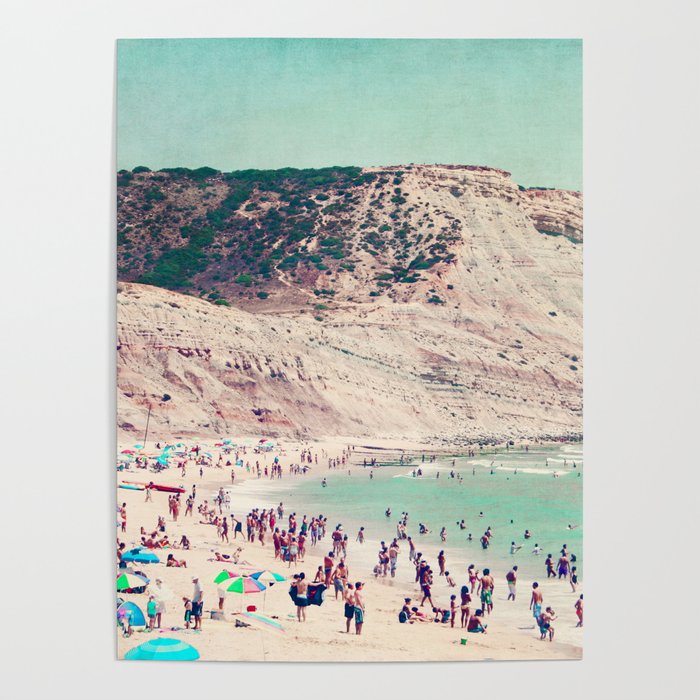 Beach Print - Aerial Crowded Beach -Mountains - Aqua Ocean - Sea Travel photography Poster