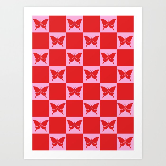 Butterfly Checkerboard Pattern in Pink & Red Art Print