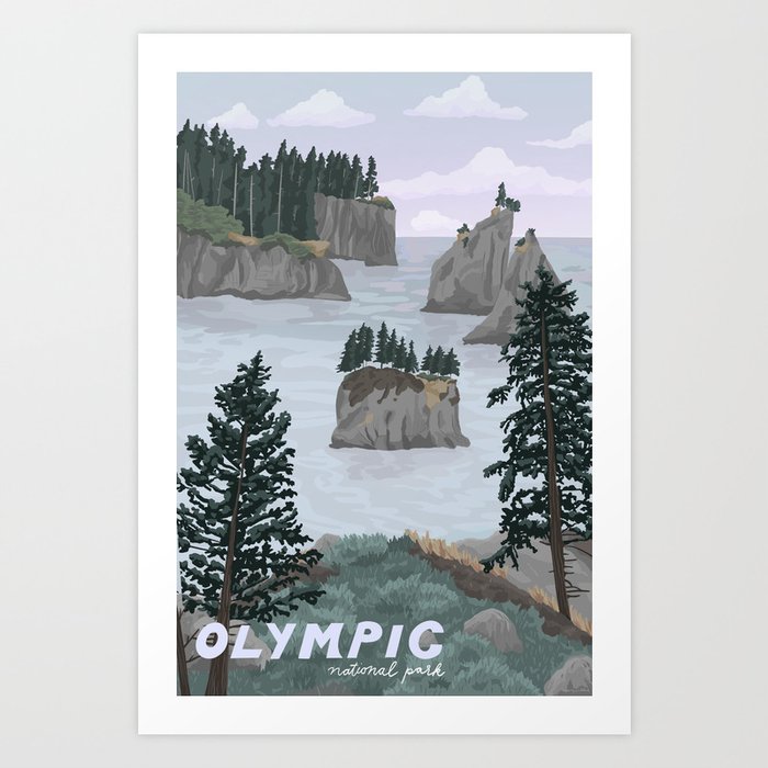 Olympic National Park Poster, Washington, illustrated National Parks USA Art Print