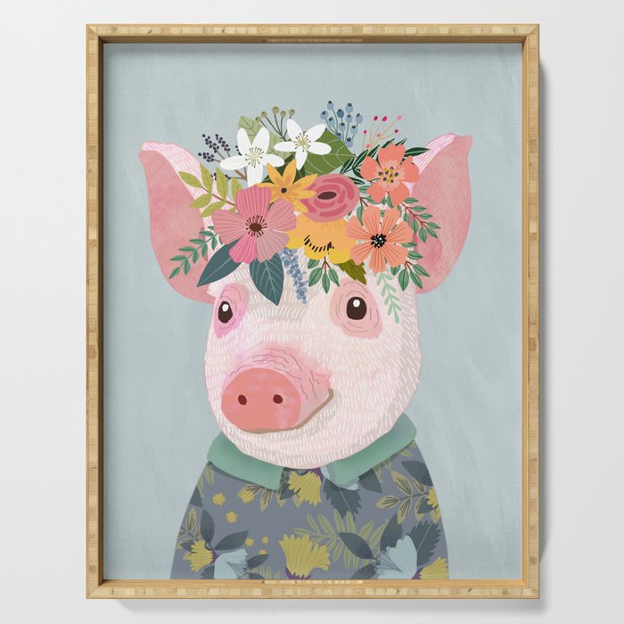 Pig with floral crown, farm animal Serving Tray