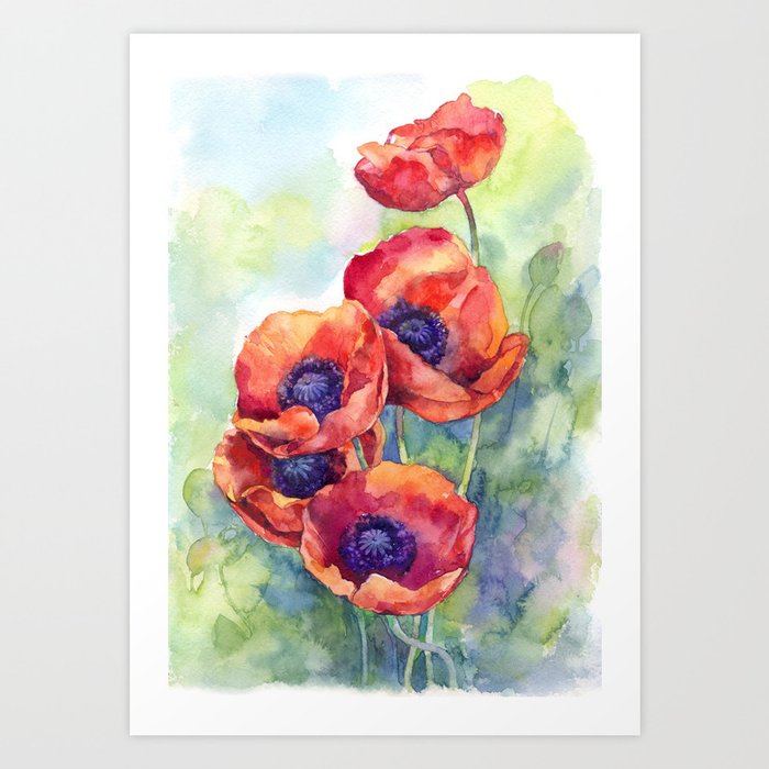 Watercolor Red Poppy Flowers Art Print By Maryami Society6