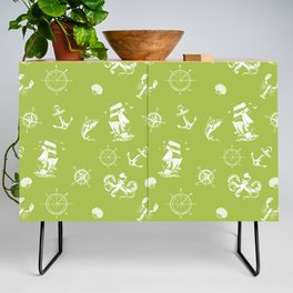 Light Green And White Silhouettes Of Vintage Nautical Pattern Credenza