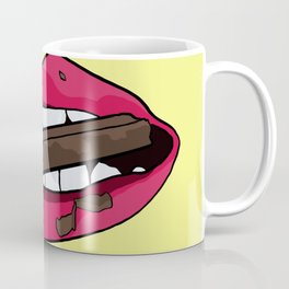 Red lips biting chocolate bar, chocolate love - yellow background Coffee Mug
