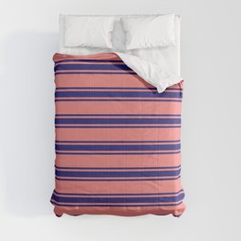 [ Thumbnail: Light Coral and Midnight Blue Colored Striped/Lined Pattern Comforter ]