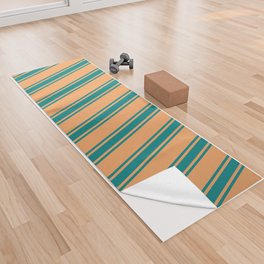 [ Thumbnail: Brown & Teal Colored Stripes Pattern Yoga Towel ]