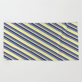 [ Thumbnail: Slate Gray, Pale Goldenrod & Midnight Blue Colored Striped/Lined Pattern Beach Towel ]