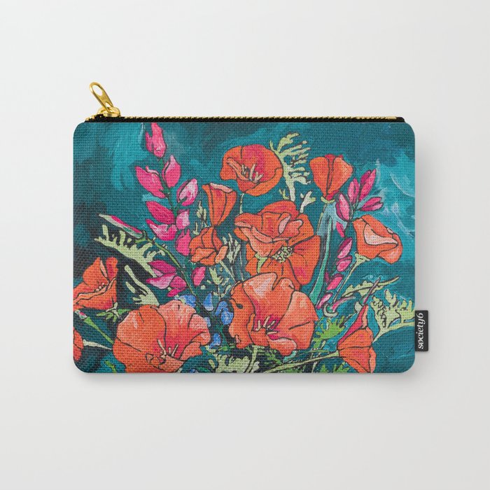 California Poppy and Wildflower Bouquet on Emerald with Tigers Still Life Painting Carry-All Pouch