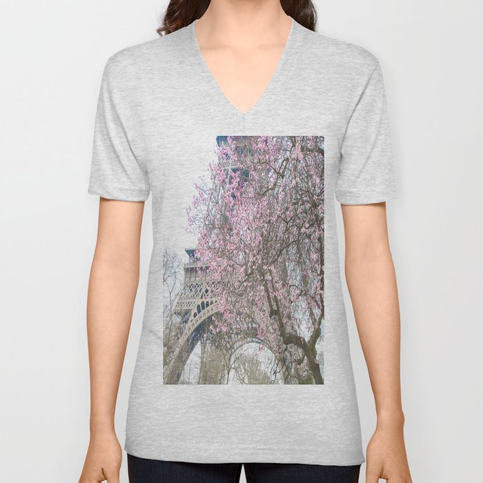 Paris in Springtime with the Eiffel Tower V Neck T Shirt
