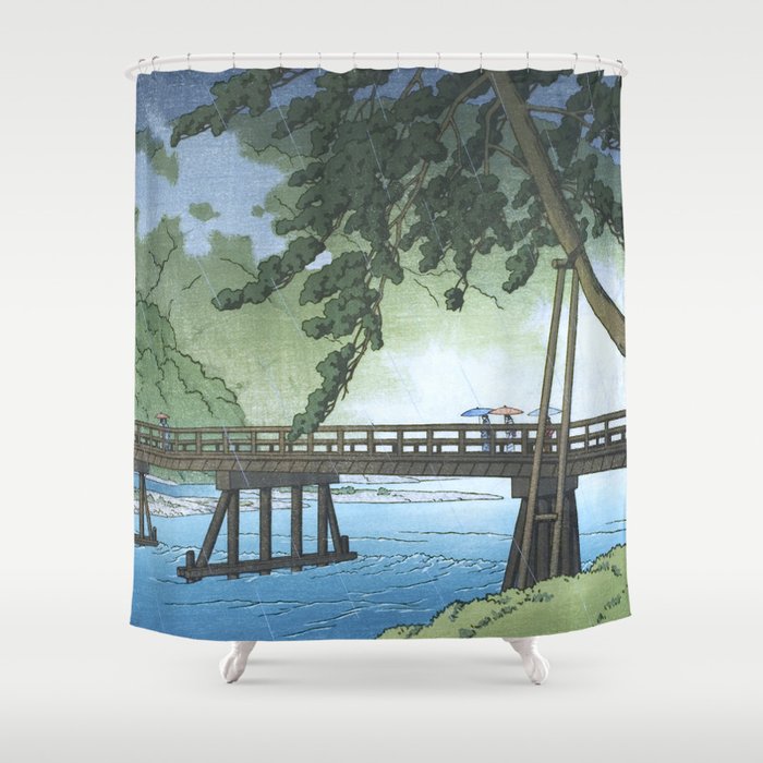 Togetsukyo Bridge, Arashiyama, Kyoto In Rain - Vintage Japanese Woodblock Print Art Shower Curtain