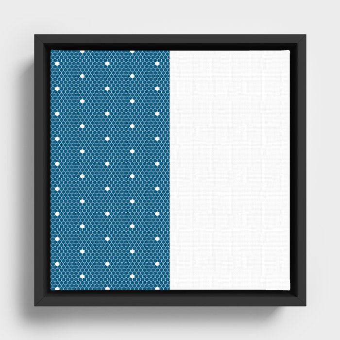 White Polka Dots Lace Vertical Split on Dark Blue Framed Canvas