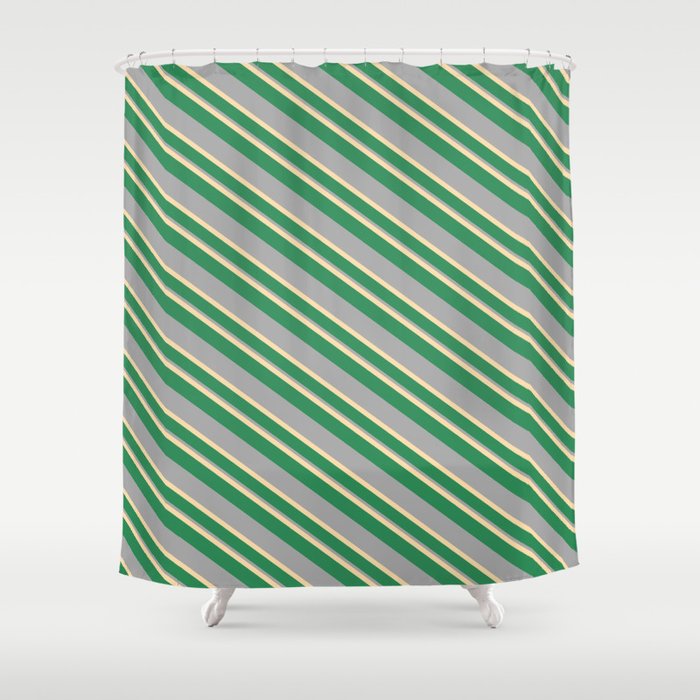 Tan, Sea Green, and Dark Gray Colored Stripes/Lines Pattern Shower Curtain