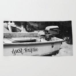 Motor Boat Skiff Dingy Fishing Fisherman Drifter Funny Art Northwest Black White Print Beach Towel