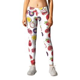 Mixed fruit pattern Leggings | Nature, Pattern, Food, Pomegranate, Pink, Passionfruit, Tropical, Fruit, Painting, Bright 