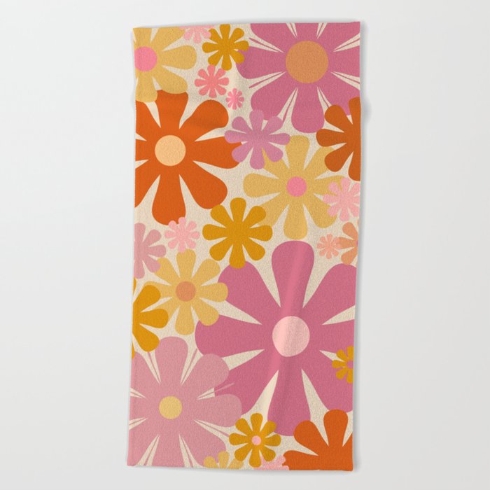 Retro 60s 70s Flowers Thulian Pink Orange Cream Pattern Beach Towel