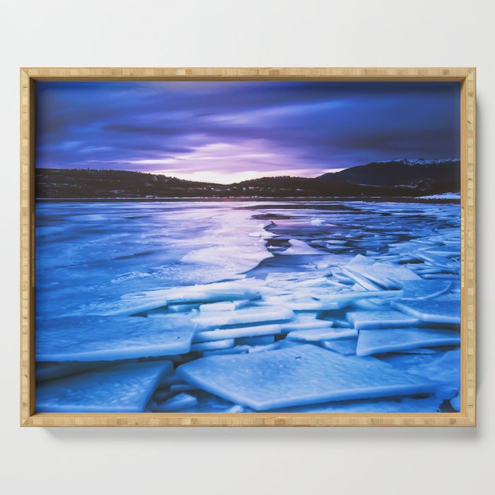 Lake Effect Frozen Ice Water Sunset Mountain Landscape Photography Pink Purple Blue Clouds Serving Tray By Byrdonwheels Society6
