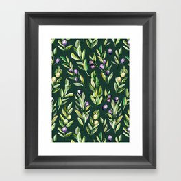 Scattered Olive Branches on Dark Green Framed Art Print
