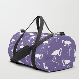 White flamingo silhouettes seamless pattern on purple background Duffle Bag
