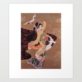 Dance of Cranes Japanese Retro Art Art Print | Dances, Anime, Gift, Beautiful, Retro, Painting, Japanese, Drawing, Japaneseposter, Clothing 