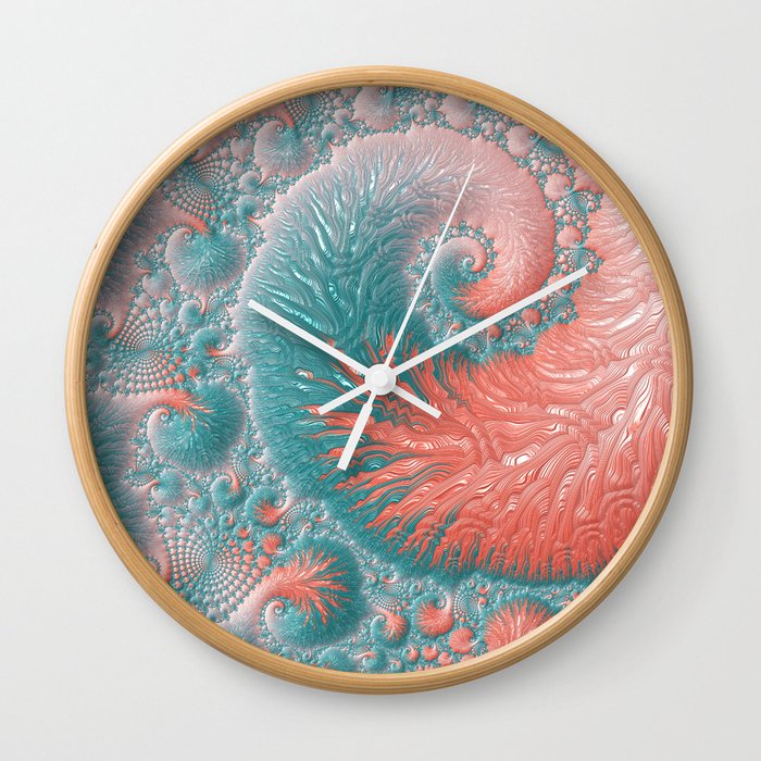 Abstract Coral Reef Living Coral Pastel Teal Blue Texture Spiral Swirl Pattern Fractal Fine Art Wall Clock