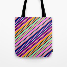 [ Thumbnail: Colorful Light Green, Purple, Violet, Orange & Dark Blue Colored Lines/Stripes Pattern Tote Bag ]