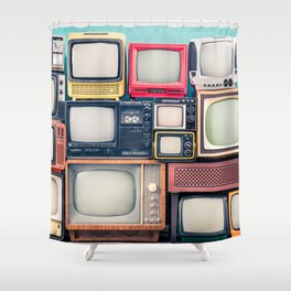 Retro TV receivers set from circa 60s, 70s and 80s of XX century, old wooden television stand with amplifier front mint blue wall background. Broadcasting, news concept. Vintage style filtered photo Shower Curtain