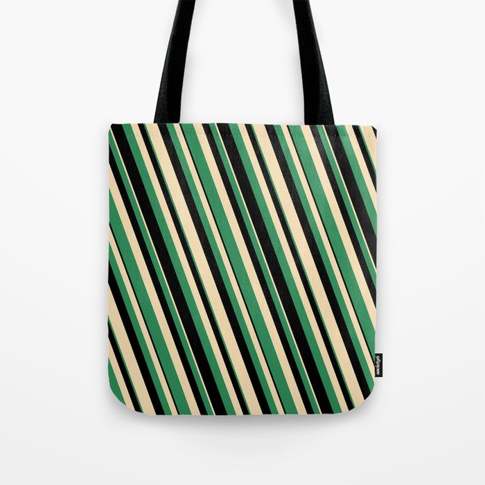 Tan, Sea Green & Black Colored Striped Pattern Tote Bag