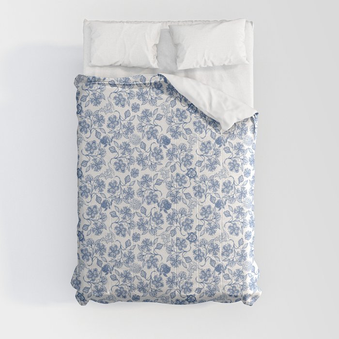 Pretty Indigo Blue and White Ethnic Floral Print Comforter