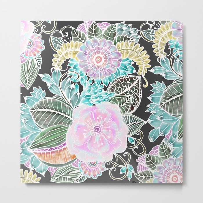 Hand painted black pink teal white green watercolor floral Metal Print