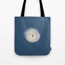 Hand-Drawn Butterfly and Brush Stroke on Pastel Dark Blue Tote Bag