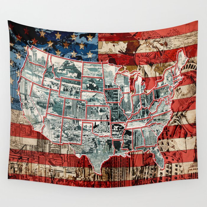 usa map urban city collage Wall Tapestry by Bekim ART Society6