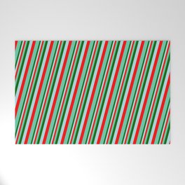 [ Thumbnail: Dark Green, Powder Blue, Red & Aquamarine Colored Pattern of Stripes Welcome Mat ]