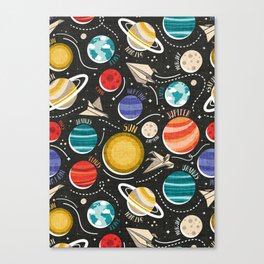 Paper space adventure I // black background multicoloured solar system paper cut planets origami paper spaceships and rockets  Canvas Print