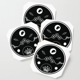 Floral Print Circle - Black on White Coaster