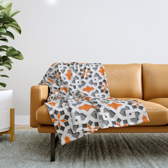 black, white, grey, orange -  Oriental design - orient  pattern - arabic style geometric mosaic Throw Blanket