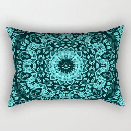 Teal Turquoise Floral Mandala Rectangular Pillow