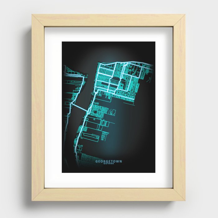 Georgetown, Guyana, Blue, White, Neon, Glow, City, Map Recessed Framed Print