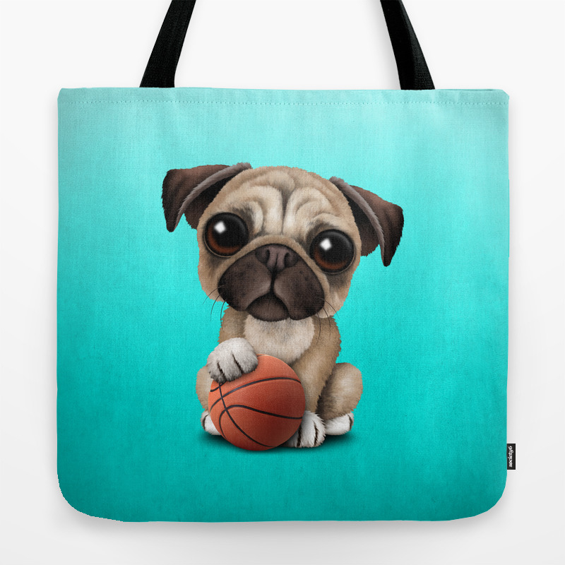 Cute Pug Puppy Dog Playing With Basketball Tote Bag By Jeffbartels
