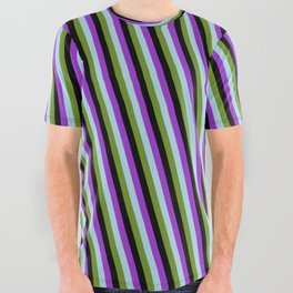 [ Thumbnail: Dark Orchid, Light Blue, Green, and Black Colored Lines Pattern All Over Graphic Tee ]