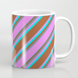 [ Thumbnail: Slate Gray, Violet, Aqua & Sienna Colored Striped/Lined Pattern Coffee Mug ]
