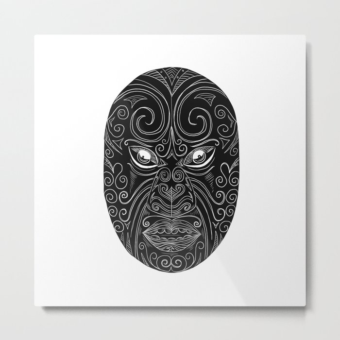 Maori Mask Scratchboard Metal Print